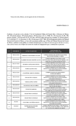 SESIÓN PÚBLICA 31 Conforme a Lo Previsto En Los Artículos 13 De La Constitución Política Del Estado Libre Y Soberano De Mé