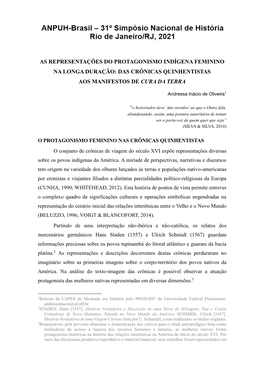 As Representações Do Protagonismo Indígena Feminino Na Longa Duração: Das Crônicas Quinhentistas Aos Manifestos De Cura Da Terra