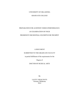 University of Oklahoma Graduate College Preparation for Audition Versus Performance: an Examination of Four Prominent Orchestra