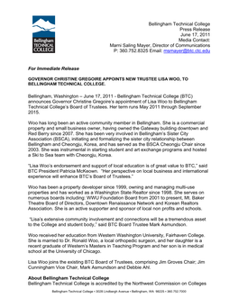 Press Release June 17, 2011 Media Contact: Marni Saling Mayer, Director of Communications P: 360.752.8325 Email: Msmayer@Btc.Ctc.Edu