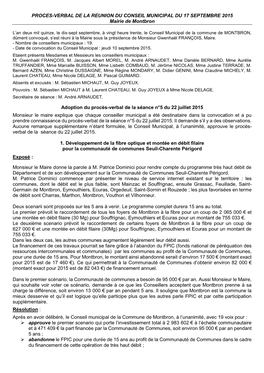 PROCES-VERBAL DE LA REUNION DU CONSEIL MUNICIPAL DU 17 SEPTEMBRE 2015 Mairie De Montbron Adoption Du Procès-Verbal De La