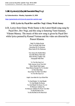 LOL Lyrics by Payal Dev and Dev Negi - 09-21-2020 by Guitarchords.In - Guitarchords