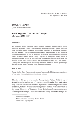 DAWID ROGACZ* Knowledge and Truth in the Thought of Jizang (549