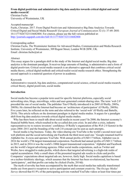 From Digital Positivism and Administrative Big Data Analytics Towards Critical Digital and Social Media Research! Christian Fuchs University of Westminster, UK