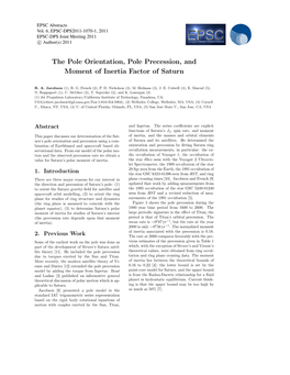 The Pole Orientation, Pole Precession, and Moment of Inertia Factor of Saturn