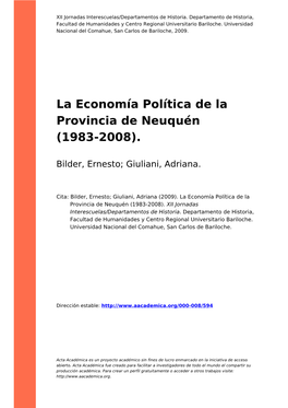 La Economía Política De La Provincia De Neuquén (1983-2008)