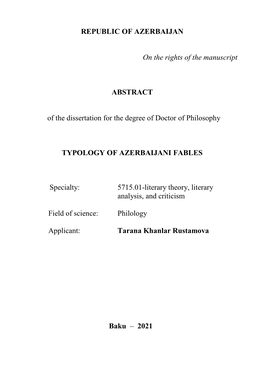 REPUBLIC of AZERBAIJAN on the Rights of the Manuscript ABSTRACT