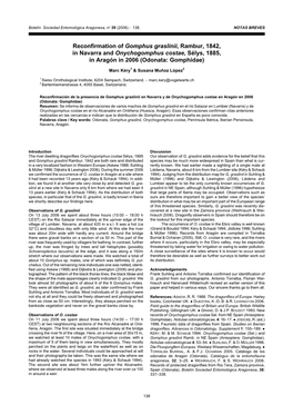 Reconfirmation of Gomphus Graslinii, Rambur, 1842, in Navarra and Onychogomphus Costae, Sélys, 1885, in Aragón in 2006 (Odonata: Gomphidae)