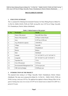 PFR for Stone Mining Project at Khata No – 14, Plot No