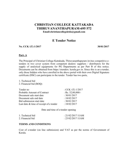 CHRISTIAN COLLEGE KATTAKADA THIRUVANANTHAPURAM-695 572 Email:Christiancollegektda@Gmail.Com