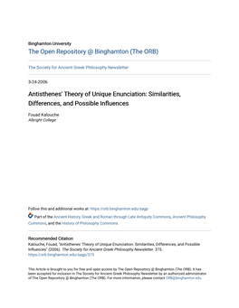 Antisthenes' Theory of Unique Enunciation: Similarities, Differences, and Possible Influences