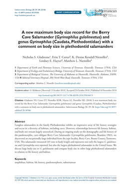 A New Maximum Body Size Record for the Berry Cave Salamander