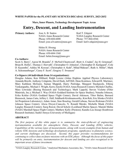 Entry, Descent, and Landing Instrumentation Primary Authors: Jose A