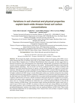 Variations in Soil Chemical and Physical Properties Explain Basin-Wide Amazon Forest Soil Carbon Concentrations