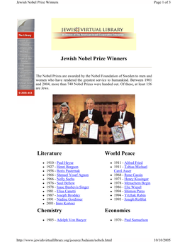 Jewish Nobel Prize Winners Literature World Peace Chemistry Economics
