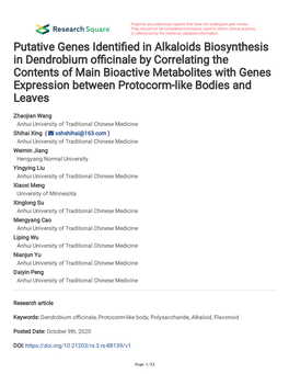 Putative Genes Identi Ed in Alkaloids Biosynthesis in Dendrobium O