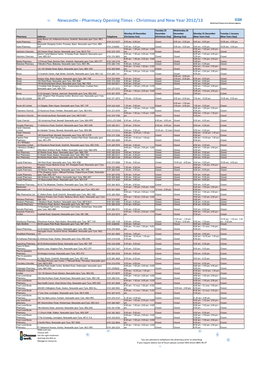 Newcastle - Pharmacy Opening Times - Christmas and New Year 2012/13 North East Primary Care Services Agency