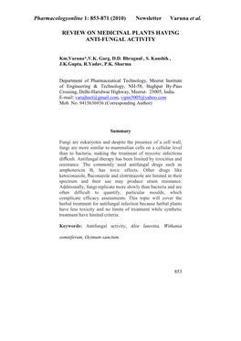Pharmacologyonline 1: 853-871 (2010) Ewsletter Varuna Et Al