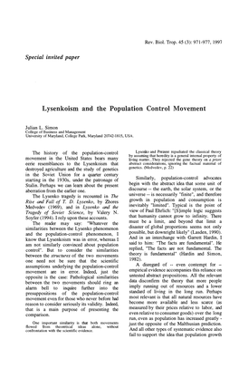 Lysenkoism and the Population Control Movement