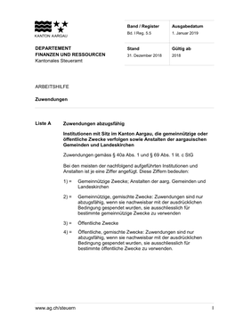 FINANZEN UND RESSOURCEN Kantonales Steueramt DEPARTEMENT ARBEITSHILFE Zuwendungen Liste a Zuwendungen Abzugsfähig Institutionen