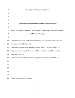 1 Running Head: Phylogenetic Synthesis 1 2 3 4 Synthesizing