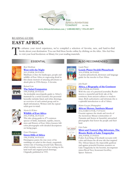 EAST AFRICA O Enhance Your Travel Experience, We’Ve Compiled a Selection of Favorite, New, and Hard-To-Find Books About Your Destination