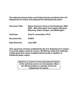 Native American Crime in the Northwest: 2004- 2005 – BIA Information from Alaska, Montana, Wyoming, Idaho, Oregon, and Washington