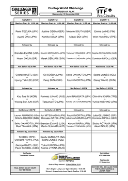 Dunlop World Challenge ORDER of PLAY Wednesday, 26 November 2008