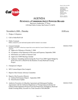 AGENDA PENINSULA CORRIDOR JOINT POWERS BOARD Bacciocco Auditorium, 2Nd Floor 1250 San Carlos Avenue, San Carlos CA 94070