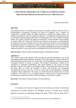 A Identidade Territorial De Vitória Da Conquista Em Seu Processo De Formação Socioespacial E Urbanização
