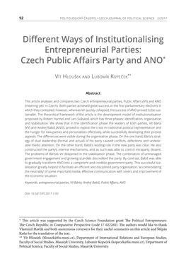 Different Ways of Institutionalising Entrepreneurial Parties: Czech Public Affairs Party and ANO*