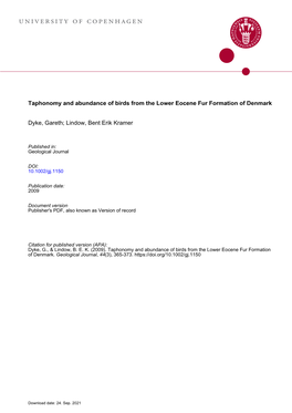 Taphonomy and Abundance of Birds from the Lower Eocene Fur Formation of Denmark