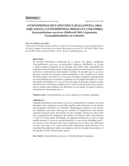 GYMNOPHTHALMUS SPECIOSUS (HALLOWELL 1861) (SQUAMATA, GYMNOPHTHALMIDAE) EN COLOMBIA Gymnophthalmus Speciosus (Hallowell 1861) (Squamata, Gymnophthalmidae) in Colombia