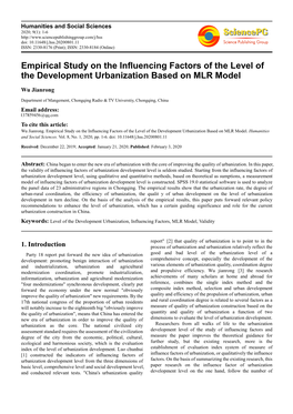 Empirical Study on the Influencing Factors of the Level of the Development Urbanization Based on MLR Model