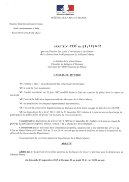 52-Haute-Marne-Arrêté Préfectoral Relatif À L'ouverture Et À La Fermeture