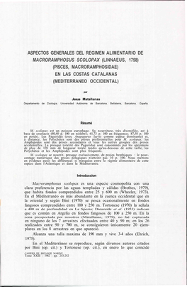 Aspectos Generales Del Regimen Alimentario De Macroramphosus Scolopax (Linnaeus, 1758) (Pisces, Macroramphosidae) En Las Costas Catalanas (Mediterraneo Occidental)