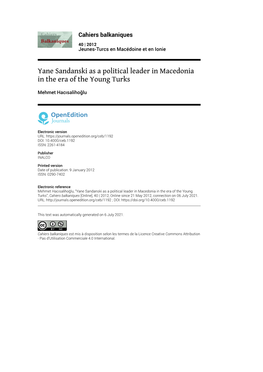 Cahiers Balkaniques, 40 | 2012 Yane Sandanski As a Political Leader in Macedonia in the Era of the Young Turks 2