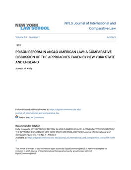 Prison Reform in Anglo-American Law: a Comparative Discussion of the Approaches Taken by New York State and England