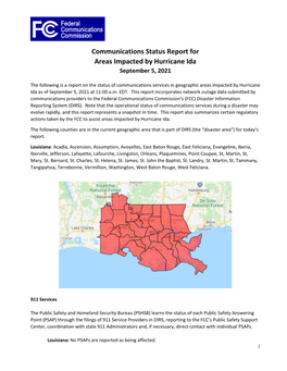 Communications Status Report for Areas Impacted by Hurricane Ida September 5, 2021