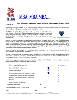 MBA in Hospitality Management, Awarded at Htmi by Queen Margaret University College, Edinburgh UK