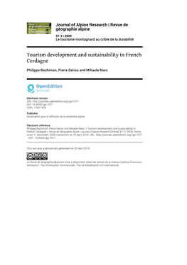 Revue De Géographie Alpine, 97-3 | 2009 Tourism Development and Sustainability in French Cerdagne 2