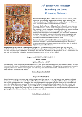 35Th Sunday After Pentecost St Anthony the Great 25 January / 7 February