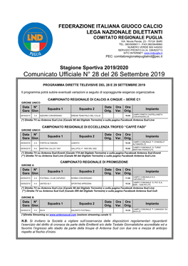 Comunicato Ufficiale N° 28 Del 26 Settembre 2019