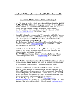 List of Call Center Projects Till Date
