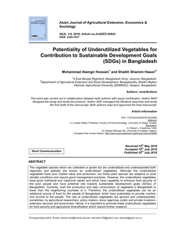 Potentiality of Underutilized Vegetables for Contribution to Sustainable Development Goals (Sdgs) in Bangladesh