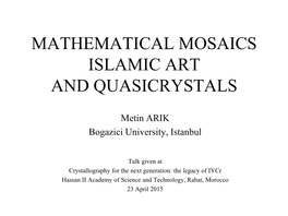 Mathematical Mosaics Islamic Art and Quasicrystals
