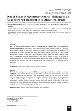 Diet of Boana Albopunctata (Anura: Hylidae) in an Atlantic Forest Fragment of Southeastern Brazil