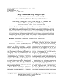 In Vitro Antileishmanial Activity of Pleumeria Pudica Leaf Extracts on Leishmania Donovani Promastigotes