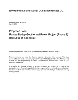 Proposed Loan Rantau Dedap Geothermal Power Project (Phase 2)