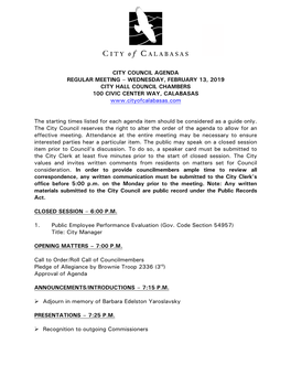 City Council Agenda Regular Meeting – Wednesday, February 13, 2019 City Hall Council Chambers 100 Civic Center Way, Calabasas